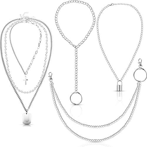 Hicarer 4 Pieces Lock Pendant Necklace Set Multilayer Chain Y Necklace Punk Chain Choker Necklace and Jeans Pocket Chain