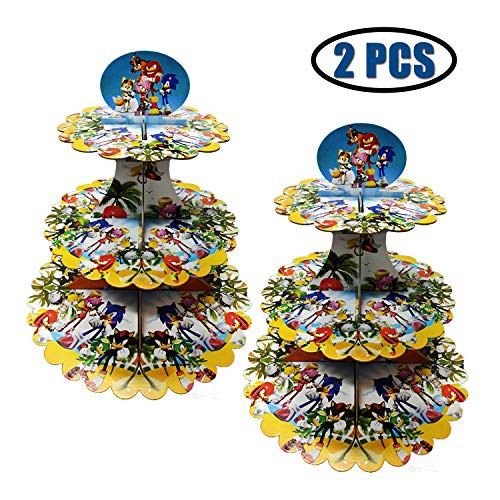 2 Pcs 3 Tier Sonic the Hedgehog Cupcake Stand Sonic the Hedgehog Cardboard Cup Cake Holder Stand Dessert Tower Cake Dessert Display Tower Sonic Cartoon Theme Party Supplies Birthday Decoration
