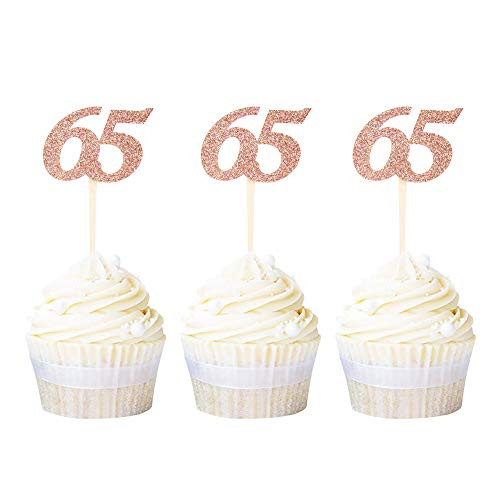 Ercadio Rose Gold 65th Birthday Cupcake Toppers Glitter Number 65 Cupcake Picks Anniversary Birthday Party Cake Decorations 24 PCS