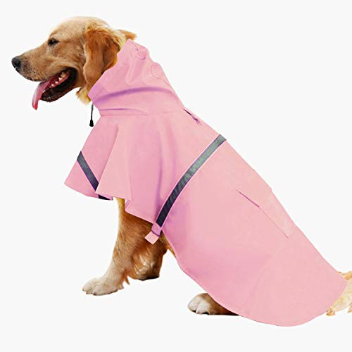 Mikayoo Large Dog Raincoat Ajustable Pet Waterproof Clothes Lightweight Rain Jacket Poncho Hoodies with Strip ReflectivePinkXXL