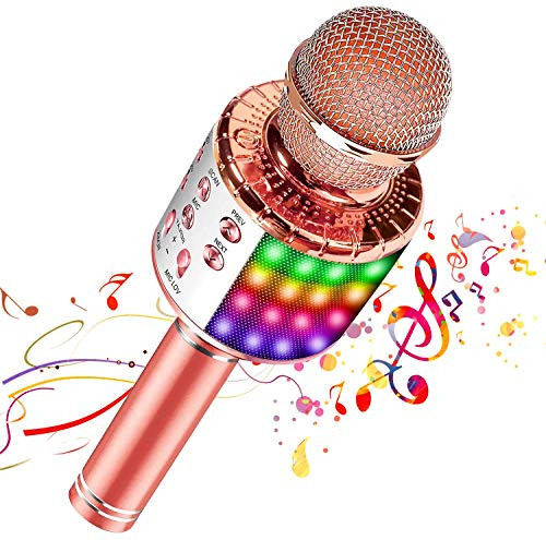 Bluetooth Wireless Karaoke Microphone with Multicolored LED Lights Portable 4 in 1 Karaoke Machine Microphone for Adult Kids for Android/iPhone/PC Rose Gold