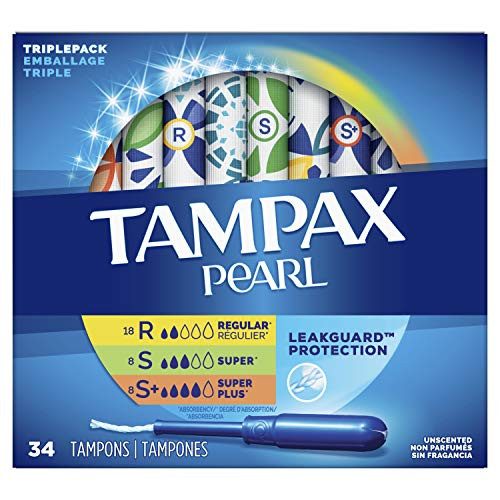 Tampax Pearl Plastic Tampons Regular/Super/Super Plus Absorbency Multipack Unscented 34 Count  Pack of 6 204 Total Count