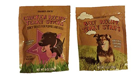 Trader Joe s Puppy and Dog Jerky Stick Treats with Natural Ingredients Bundle  1 Bag Beef Recipe  1 Bag Real Chicken Flavor Recipe 6 Oz  Per Bag