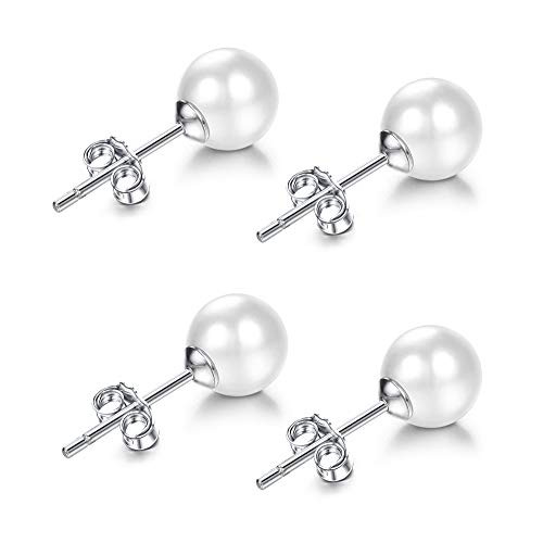 Fiasaso Pearl Earrings 2 Pairs 925 Sterling Silver Pearl Earrings For Women 48mm Genuine White Freshwater Cultured AAA Pearl Stud Earrings Set Gift for Anniversary Birthday