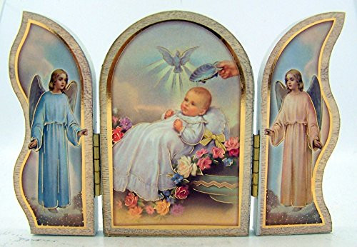 Gold Embossed White Baptism Triptych Standing Plaque, 3 1/2 Inch