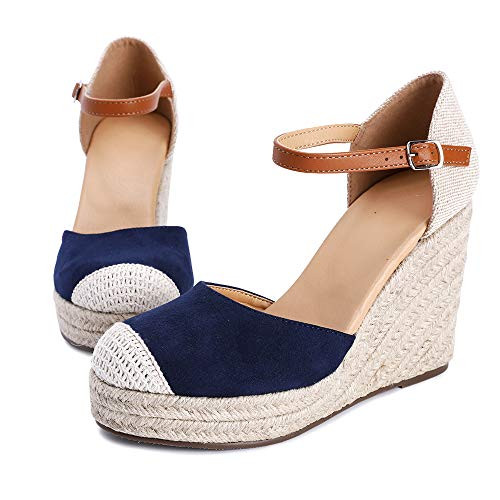 FISACE Womens Summer Espadrille Heel Platform Wedge Sandals Ankle Buckle Strap Closed Toe Shoes Navy Numeric11
