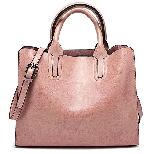 FiveloveTwo Womens Ladies Vintage Solid Color Handbags and Purses PU Leather Tophandle Satchel Hobo Crossbody Totes Shoulder Bags Pink