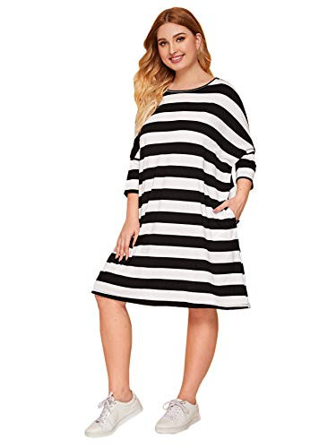 Floerns Women s Plus Size Striped Round Neck Tee Shirt Dress with Pockets Black and White 1XL