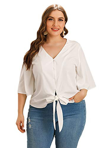 Floerns Women s Plus Size V Neck Bell Sleeve Knot Front Solid Shirt Blouse Top White 2XL