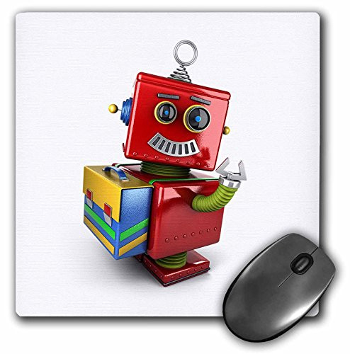 3dRose LLC 8 x 8 x 0.25 Inches Mouse Pad, Cute Vintage Toy Robot With Smart Phone (mp_165724_1)