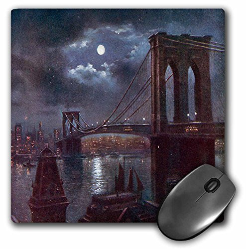 3dRose LLC 8 x 8 x 0.25 Inches Mouse Pad, Brooklyn Bridge and The River At Night with A Full Moon (mp_170443_1)