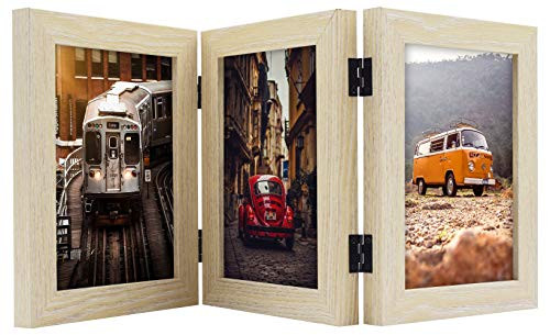 Frametory Hinged Frame with Front Glass  Made to Display Three Pictures Stands Vertically on Desktop or Table Top Natural 5x7 Triple