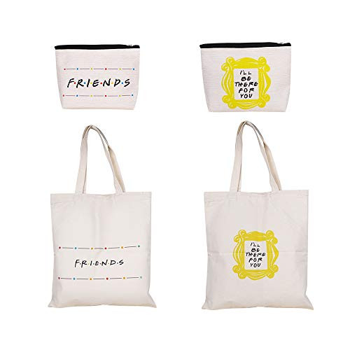 Friends Forever 25th Anniversary Ed Friends TV Show Merchandise Peephole Yellow Frame Makeup Bag with Kitchen Reusable Grocery Bags 2 white