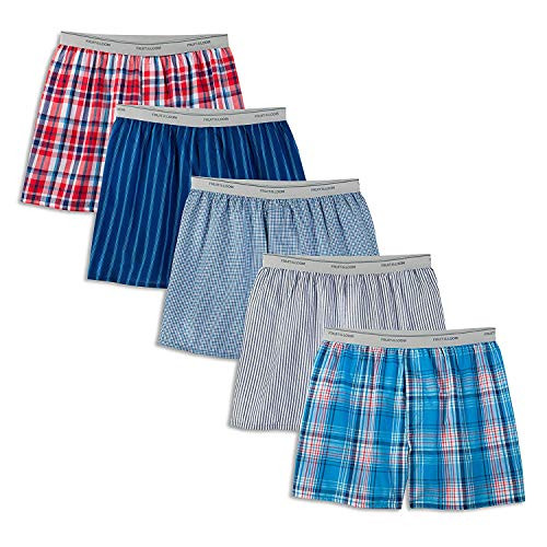 Fruit of the Loom Men s Woven Tartan and Plaid Boxer Multi Exposed Waistband Medium Waist 32/34  Pack of 5