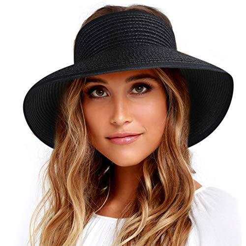 FURTALK Sun Visor Hats for Women Wide Brim Straw Roll Up Ponytail Summer Beach Hat UV UPF Packable Foldable Travel Black