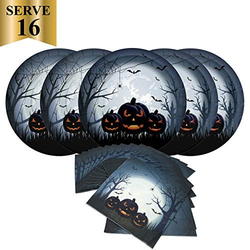Halloween Angry Pumpkin Paper Party PackServes 16 Includes 10 Inches Big Paper Plates and Luncheon Napkins