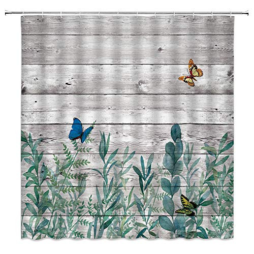 MNSC Botanical Shower Curtain Green Eucalyptus Watercolor Floral on Rustic Wooden Board Botanical Artistic Border Botany Bouquet Branch Christmas Clip Decor Fabric Bathroom Curtain 70x70IN with Hooks