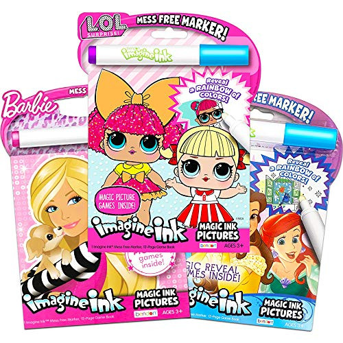 Girls Coloring Book Imagine Ink for Girls Super Set ~ Bundle Includes 3 No Mess Magic Ink Activity Books Featuring Disney Princess LOL Dolls and Barbie