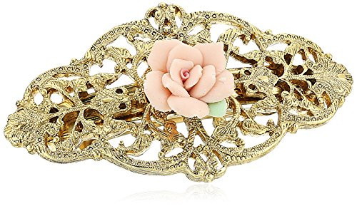 1928 Jewelry Womens GoldTone Pink Porcelain Rose Hair Barrette Accessory 3
