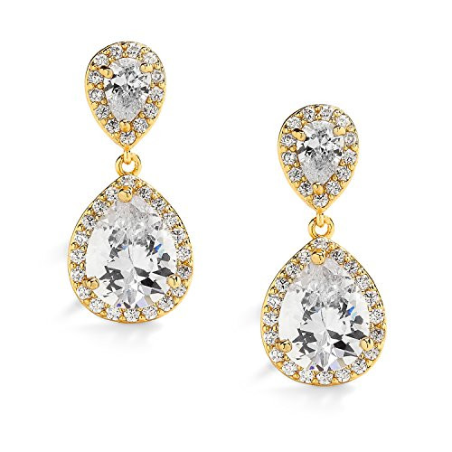 Mariell Petite 14K Gold Plated Clip On Dangle Earrings  Pear Shaped CZ Bridal Wedding Earrings for Women