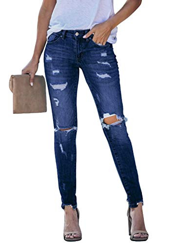 GOSOPIN Women Mid Rise Distressed Skinny Jeans Ripped Stretchy Denim Pants Large Blue