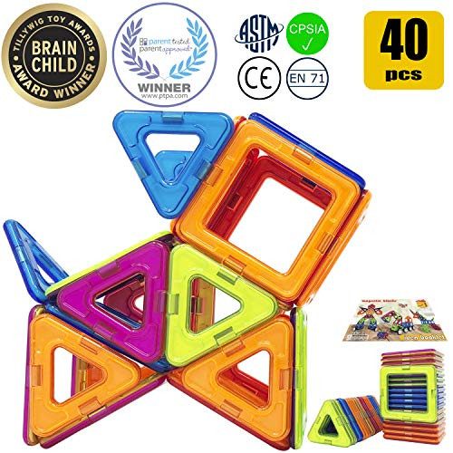 HAPPY GENIUS Magnetic Blocks Beyond Magnetic Tiles Full Set of Magnetic Building Blocks for Kids Preschoolers Teens Great 3D Educational Stem Toy - 40 PCS Triangle & Square Ideal Essential Pack