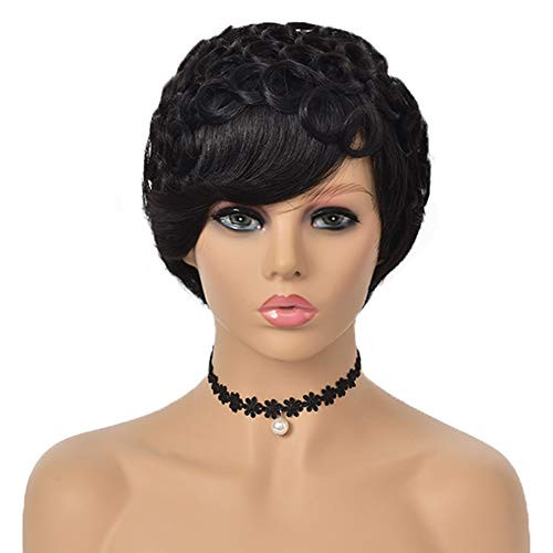 Short Curly Wigs Human Hair with Bangs Curly Pixie Cut Wigs for Women Remy Hair Wigs Natural Black Color