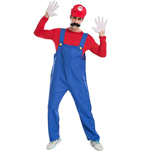 Adult Men Super Mario Brothers Costume Halloween Luigi Wario and Waluigi Dress Up Red Man Large