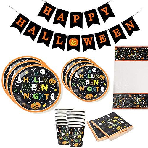 Halloween Party plates pack set Serves 16 Dinner and dessert plates cups napkins tablecover and banner