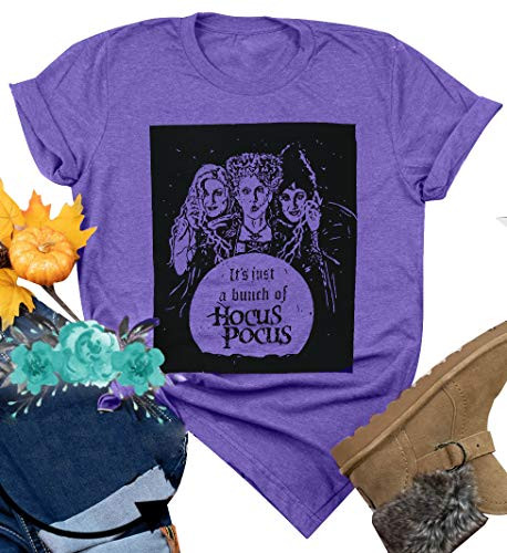 It s Just A Bunch of Hocus Pocus Shirt Women Sanderson Sisters Short Sleeve Halloween Tops Tee S Purple