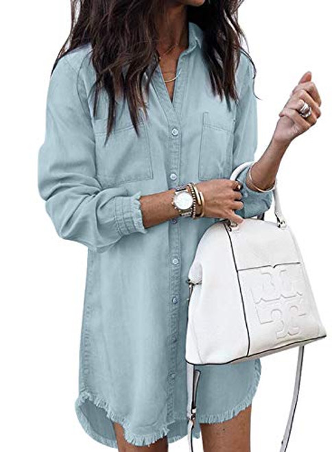 Happy Sailed Womens Denim Shirt Dresses Long Sleeve Distressed Jean Dress Button Down Casual Tunic Top Small Sky Blue