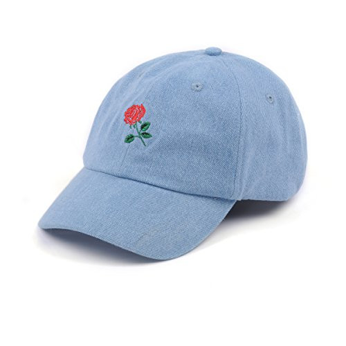 Rose Embroidered Dad Hat Women Men Cute Denim Adjustable Cotton Floral Baseball Cap Blue Denim