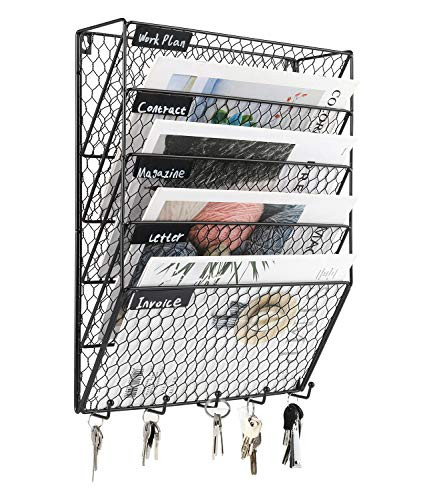 PAG 5 Tier Wall File Holder Hanging Mail Organizer Metal Chicken Wire Wall Mount Magazine Rack with Hooks for Home and Office Black