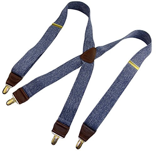 HoldUp Brand Dark Blue Denim Casual Series Suspenders in Xback style with Noslip Goldtone Patented Clips