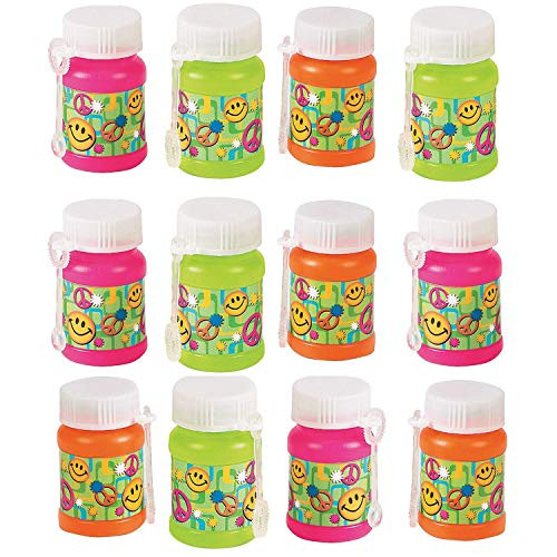 Kidsco Mini Plastic 60s Bubble Bottles 2 Inches - 12 Pack  Assorted Colors Bottles 1 Oz Foldable Wands  Smiley Peace Symbols Kids Great Party Favors, Fun, Toy, Gift, Prize