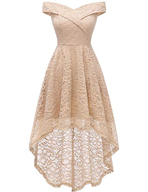 Homrain Women s Vintage Floral Lace Off Shoulder HiLo Wedding Cocktail Formal Swing Dress Champagne S