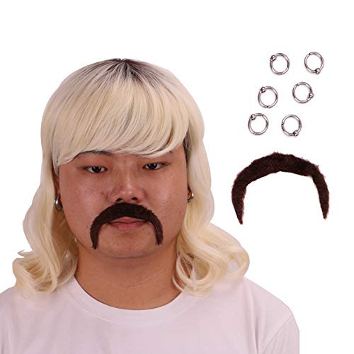 Honcloud Men Short Curly Dark Root Blonde Mullet wig Halloween Cosplay Wig With 6 Earrings and Mustache