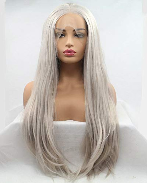 Drag Queen Synthetic Lace Front Wigs for Women Female Replacement Wig Ash Blonde Color Glueless Heat Resistant Natural Hairline Body Wave Silver Gray Long Hair 26inches Drag Queen Synthetic Lace Front Wigs for Women Female Replacement Wig Ash Blonde Color Glueless Heat Resistant Natural Hairline Body Wave Silver Gray Long Hair 26inches