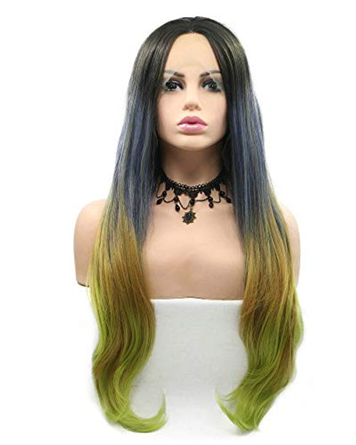Natural Hairline High Temperature Comfortable Synthetic Lace Front Wigs for Women Drag Queen Dark Roots Ombre Blue gray/Yellow green Mermaid Wig Long Wave Hair Cosplay Party Festival Wig Natural Hairline High Temperature Comfortable Synthetic Lace Front Wigs for Women Drag Queen Dark Roots Ombre Blue gray/Yellow green Mermaid Wig Long Wave Hair Cosplay Party Festival Wig