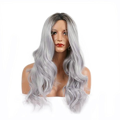 Light Gray Wig Ombre Dark Roots 2 Tone Long Synthetic Hair Loose Wave Heat Resistant Handmade Lace Front Wigs for Drag Queen Natural Hairline Women Female Festival Wig Replacement Light Gray Wig Ombre Dark Roots 2 Tone Long Synthetic Hair Loose Wave Heat Resistant Handmade Lace Front Wigs for Drag Queen Natural Hairline Women Female Festival Wig Replacement