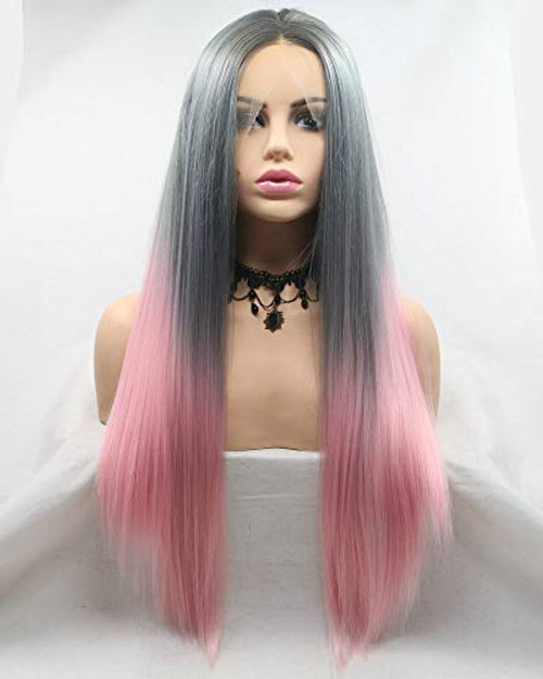 Female Ombre Wig Dark Roots To Gray Pink 3 Tone Natural Hairline Synthetic Lace Front Wigs For Women Cosplay Party Holidays Drag Queen Long Hair 24 Female Ombre Wig Dark Roots To Gray Pink 3 Tone Natural Hairline Synthetic Lace Front Wigs For Women Cosplay Party Holidays Drag Queen Long Hair 24