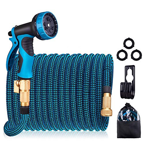 HULOSAN Expandable Garden Hose Water Hose with 9 Function Spray Nozzle No Kink Leakproof Lightweight Garden Hose with 3/4  Brass Fittings and Extra Strength 3750D Fabric for Watering  Washing 100ft