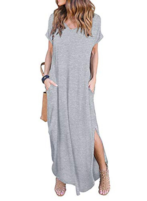 HUSKARY Womens Casual Pocket Beach Long Dress Short Sleeve Split Loose Maxi Dress Grey 01 Medium