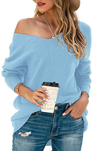 Iandroiy Women s Off Shoulder Loose Pullover Sweater Batwing Sleeve Knit Jumper Oversized Tunics Top MediumLight Blue