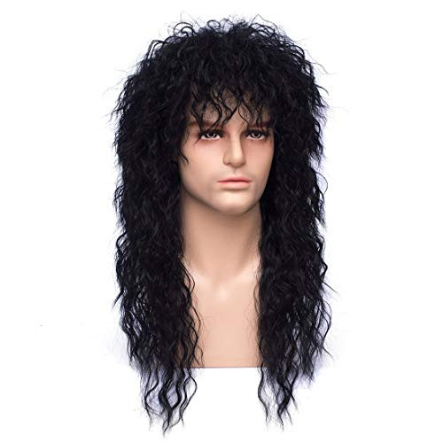Iciwueen Long Curly Black Wig Men s 80s Rocker Style Wig for Cosplay Halloween Costume Party