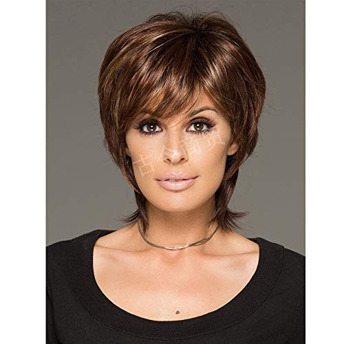 MEILEDA Short Brown Wigs for Women Heat Resistant Synthetic Hair Wig with Bangs Natural Costume Daily Full Wig with Wig Cap 92g Brown Mixed Blonde MLD032