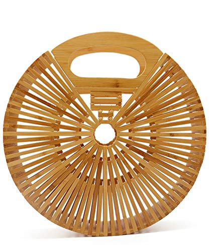 Miuco Women Bamboo TopHandle Handbags Round Straw Beach Tote Bag Small