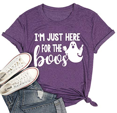 I m Just Here for The Boos Letters Print TShirt Halloween Ghost Graphic Printed Short Sleeve T Shirt Medium Purple