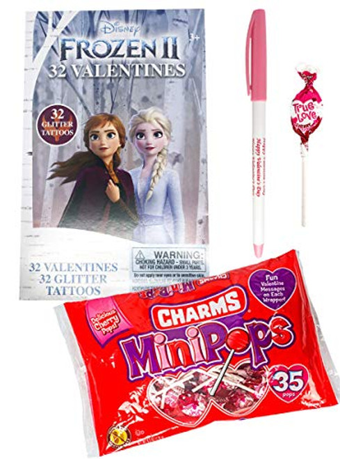 Frozen 2 Valentines Cards and Glitter Tattoos For 32 Kids with Charms Lollipops Minipops and Happy Valentine s Day Pen  Classroom Exchange Bundle