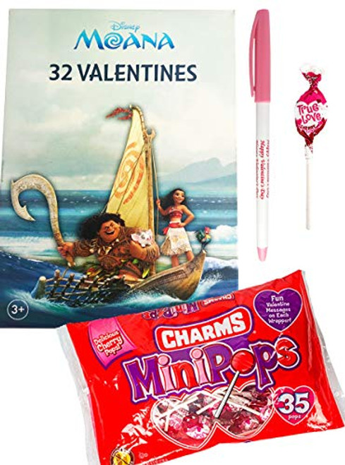 Disney Moana 32 Valentines Cards with Charms Lollipops Minipops and Happy Valentine s Pen Classroom Exchange Bundle for 32 Kids